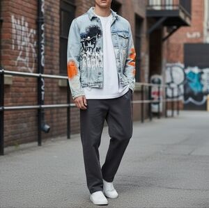 Zara Men's Graffiti Denim Jean Jacket "Regret Nothing" Street Painted size SM